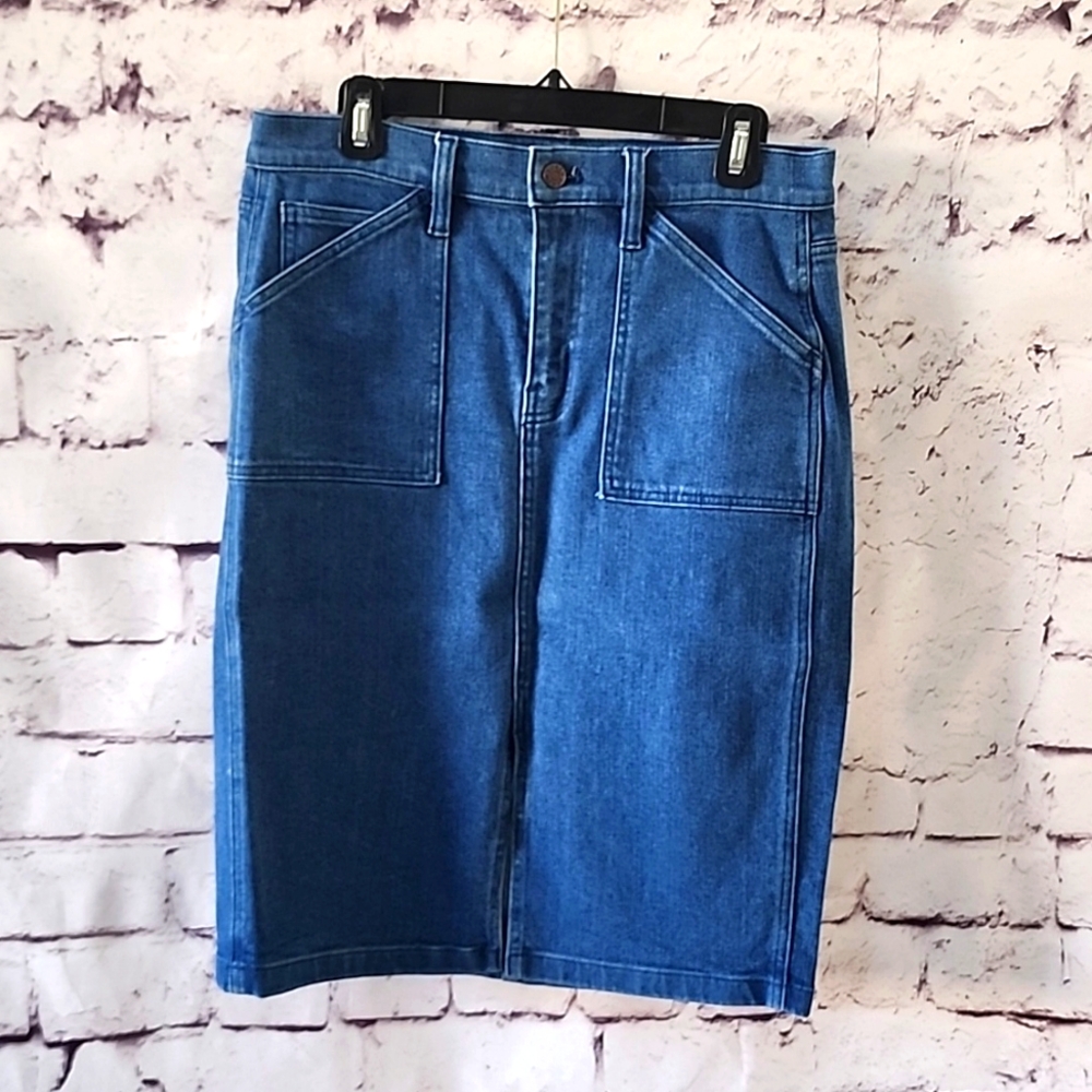 J. Crew Front-Slit Denim Pencil Skirt Size 4 Cotton Austin Wash Blue Career